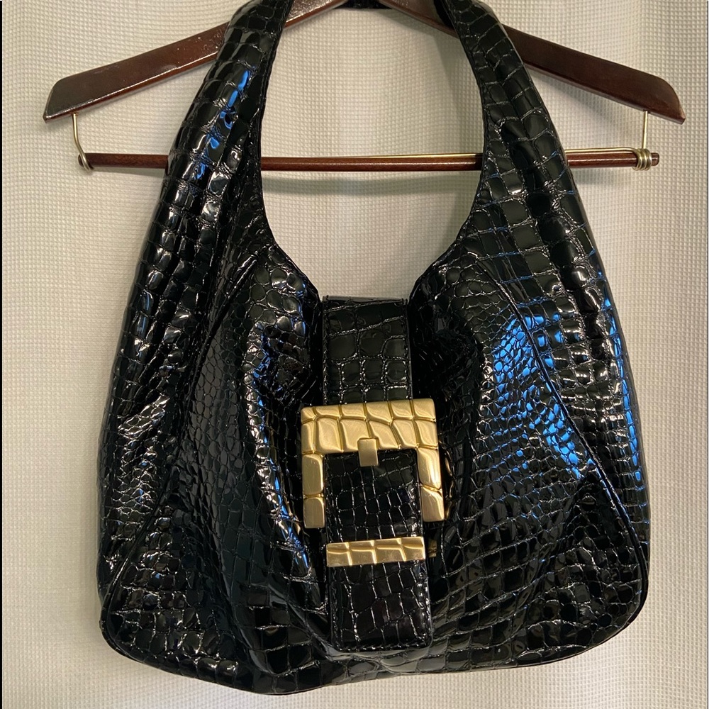 Hobo Bag Michael Kors black patent croc embossed hobo bag with gold buckle